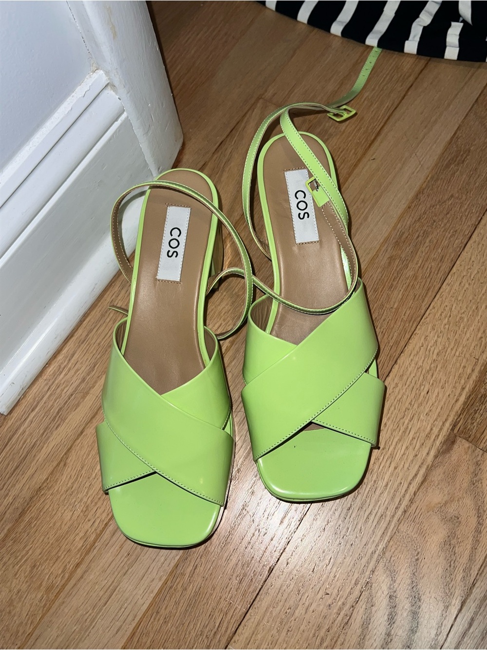 COS Neon Green Leather Cross-Strap Sandals